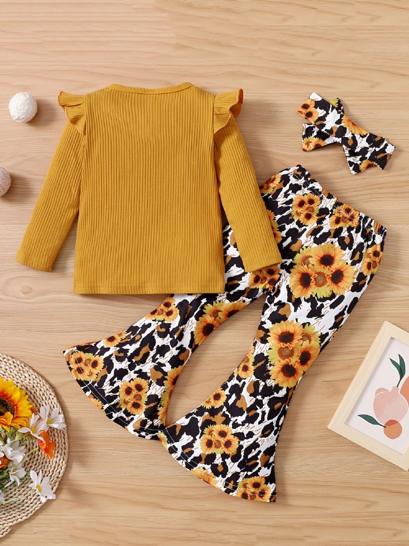 Småbørnspiger Brev Broderet Langærmet Flæse Top & Blomster Print Flare Ben Bukser & Pandebånd Sæt Børnetøj