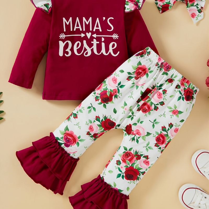 Småbørnspiger Brevprint Langærmet & Flower Print Flare Leg Bukser Sæt Efterår Vinter