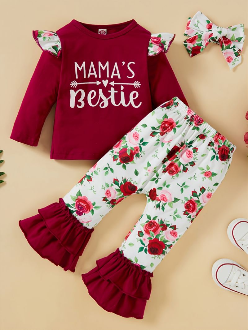 Småbørnspiger Brevprint Langærmet & Flower Print Flare Leg Bukser Sæt Efterår Vinter