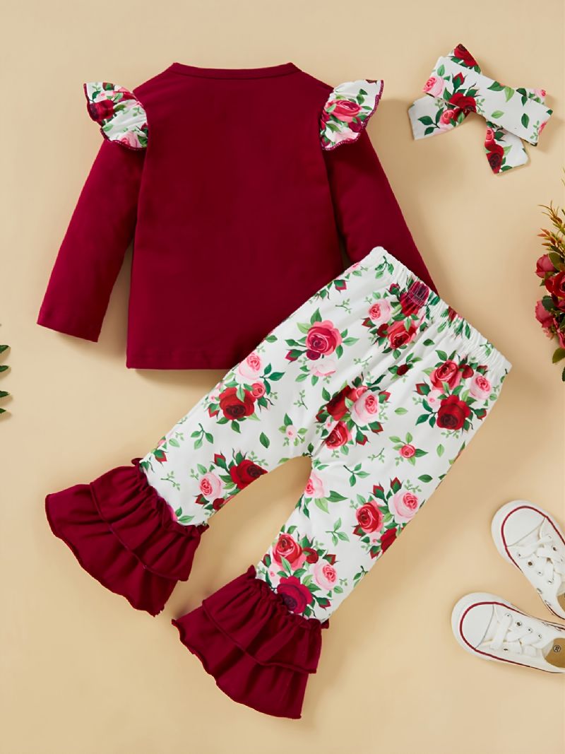 Småbørnspiger Brevprint Langærmet & Flower Print Flare Leg Bukser Sæt Efterår Vinter