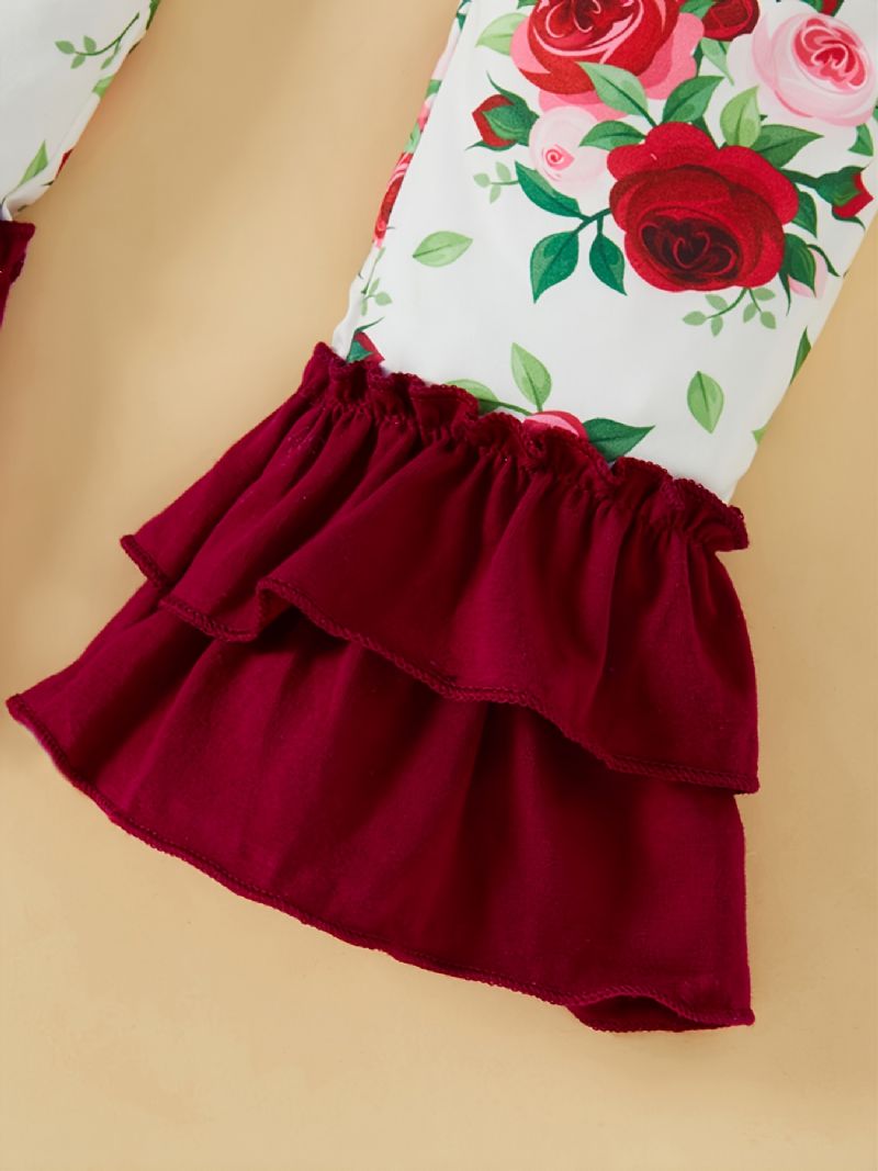 Småbørnspiger Brevprint Langærmet & Flower Print Flare Leg Bukser Sæt Efterår Vinter