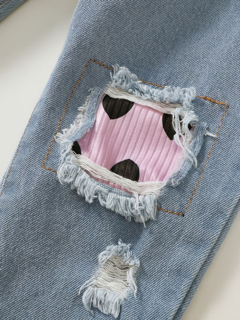 Småbørnspiger Flæse Langærmet Top & Matchende Jeanssæt Med Hjerteprint
