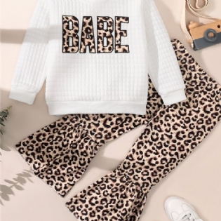 Småbørnspiger Leopardtryk Rund Hals Bomuld Langærmet Plaid Hvid T-shirt Flare Bukser Sæt
