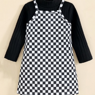 Sød Bomuldsstativ Til Piger Strikket Sweater Og Plaid Suspendelkjole Sæt Til Fest