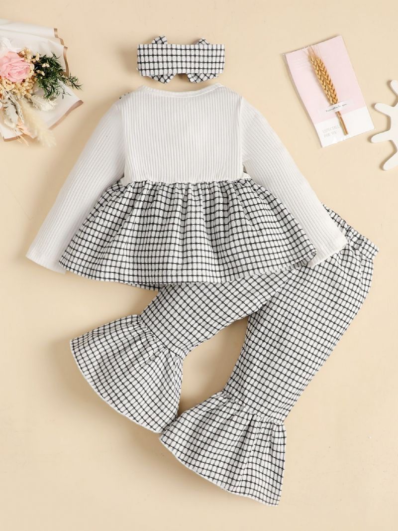Sødt Plaidsæt Til Babypiger Med Syninger Strikket Sweater Seler Nederdel Og Udskårne Bukser Og Sløjfebånd