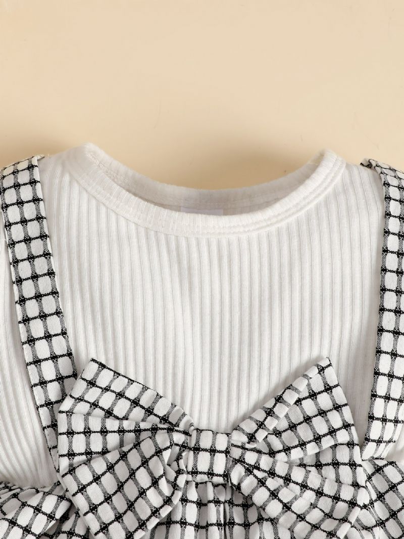 Sødt Plaidsæt Til Babypiger Med Syninger Strikket Sweater Seler Nederdel Og Udskårne Bukser Og Sløjfebånd