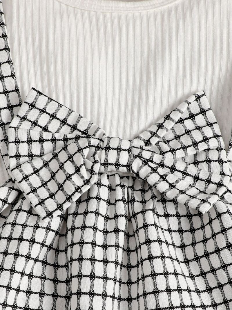 Sødt Plaidsæt Til Babypiger Med Syninger Strikket Sweater Seler Nederdel Og Udskårne Bukser Og Sløjfebånd