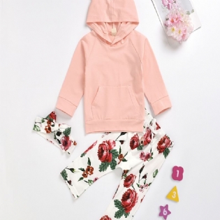 Solid Hættetrøje Til Piger + Matchende Bukser Med Blomsterprint + Pandebåndsæt Babytøj