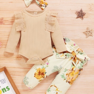 Spædbørn Baby Piger Blomsterprint Onesie Romper Bukser Bow Pandebånd Sæt