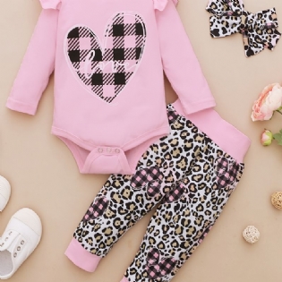 Spædbørn Baby Piger Hjerter Brevtryk Romper Langærmet Bodysuit & Leopard Bukser & Pandebånd Sæt