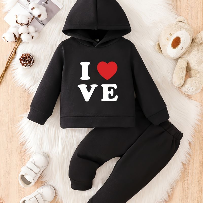 Toddler Baby Hjerte Print Fleece Varm Hættetrøje Sweatshirt Bukser Sæt Til Drenge Piger Efterår Vinter