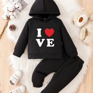 Toddler Baby Hjerte Print Fleece Varm Hættetrøje Sweatshirt Bukser Sæt Til Drenge Piger Efterår Vinter