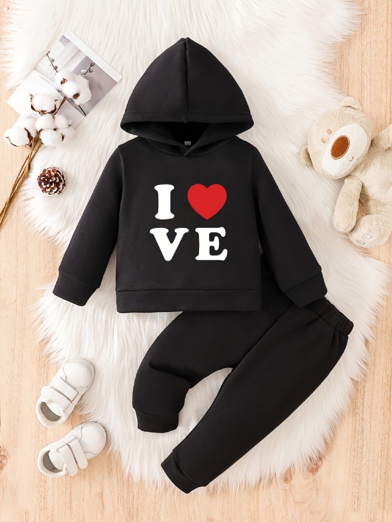 Toddler Baby Hjerte Print Fleece Varm Hættetrøje Sweatshirt Bukser Sæt Til Drenge Piger Efterår Vinter