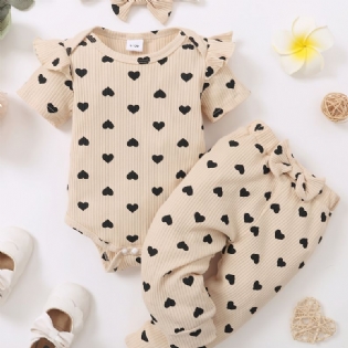 Toddler Baby Piger Heart Print Bodysuit + Buksesæt + Pandebånd Onesie Babytøj