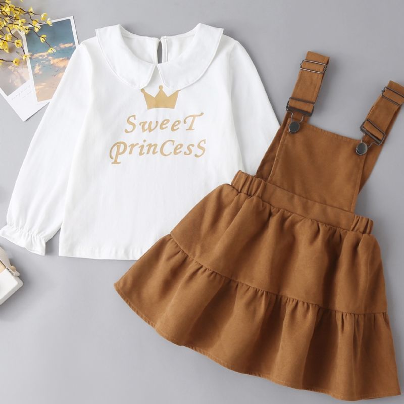 Toddler Baby Piger Letter Crown Print Top & Flæse Overall Kjole Sæt Børnetøj