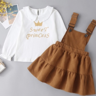 Toddler Baby Piger Letter Crown Print Top & Flæse Overall Kjole Sæt Børnetøj