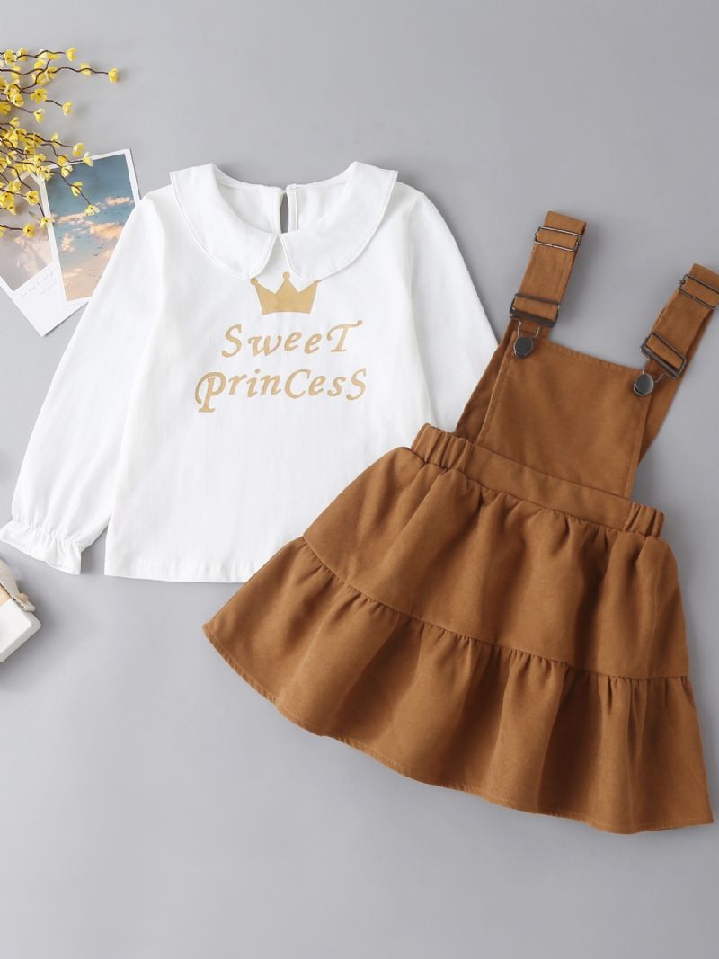 Toddler Baby Piger Letter Crown Print Top & Flæse Overall Kjole Sæt Børnetøj