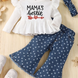 Toddler Baby Piger White Letter Print Top + Stjernemønster Flared Denimbukser