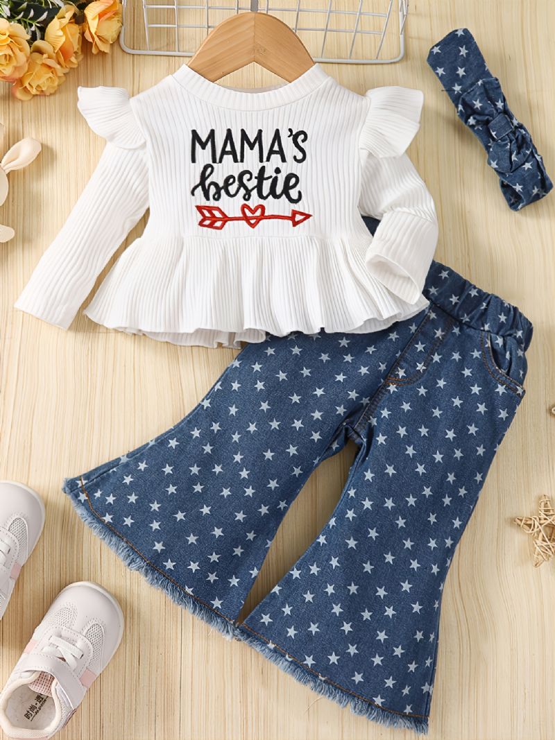 Toddler Baby Piger White Letter Print Top + Stjernemønster Flared Denimbukser