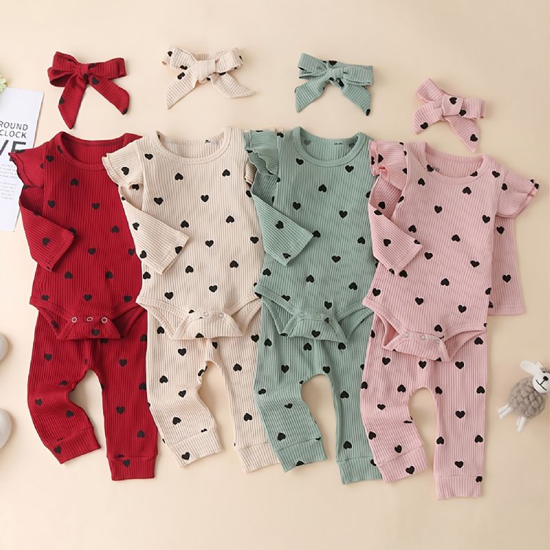 Toddler Nyfødt Baby Pige Langærmet Rullebukser +bukser +pandebånd 3stk Sæt