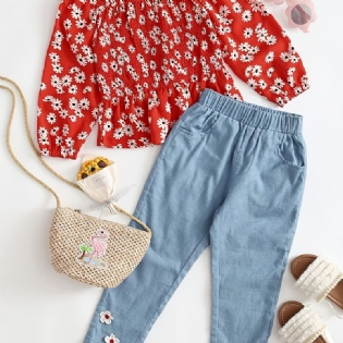 Toddler Piger Daisy Shirred Peplum Top & Appliques Jeanssæt