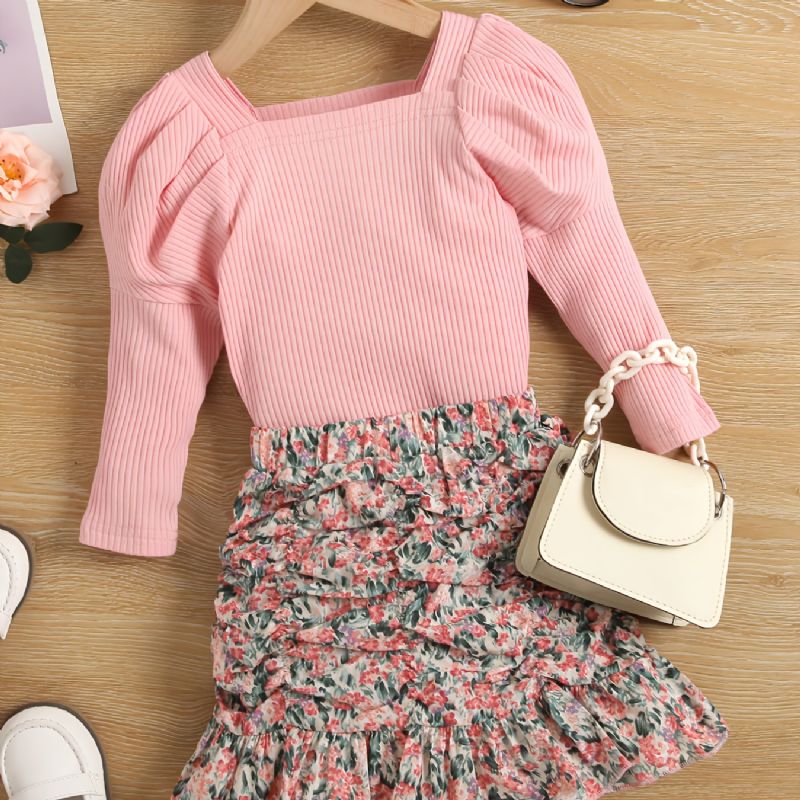 Toddler Piger Square Neck Top & Ruched Flæsekant Nederdel Sæt