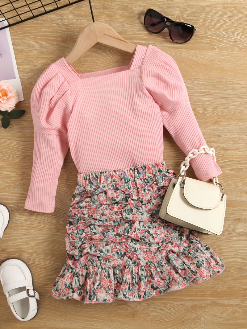 Toddler Piger Square Neck Top & Ruched Flæsekant Nederdel Sæt