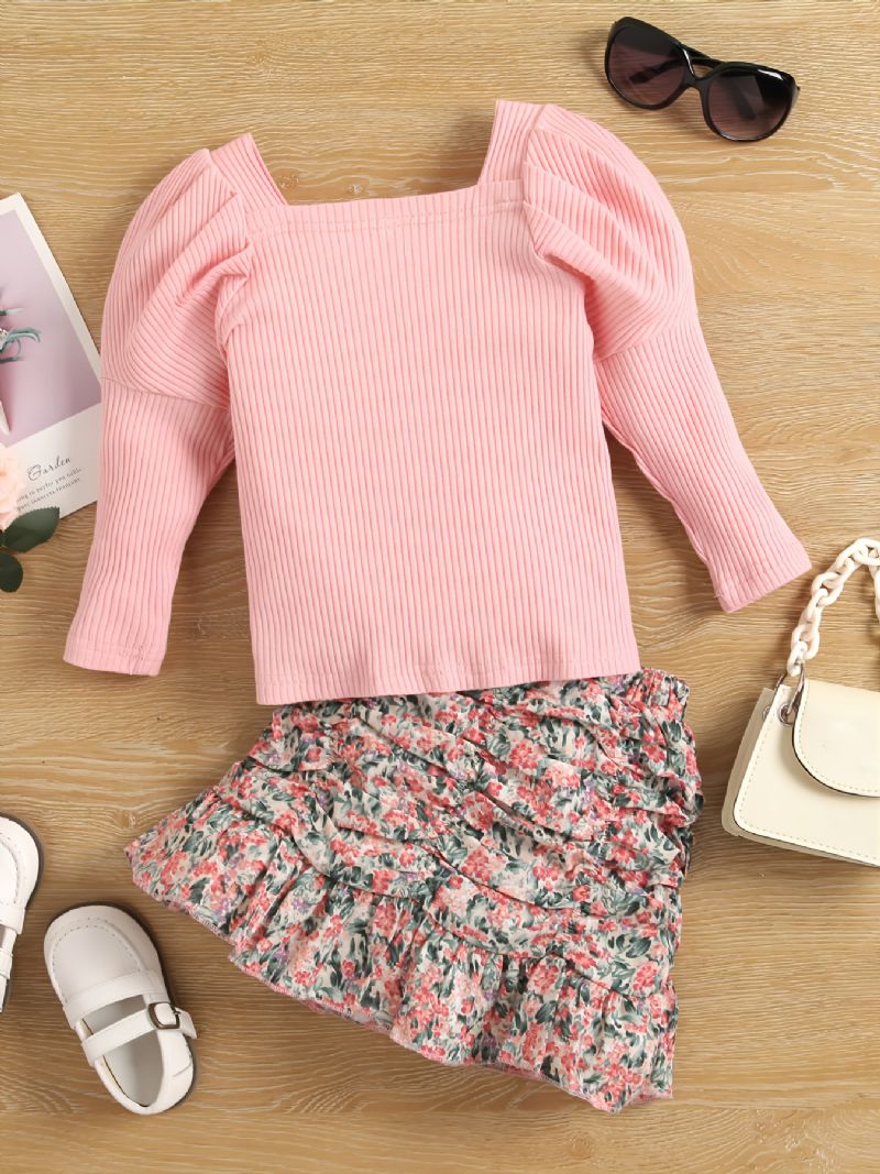 Toddler Piger Square Neck Top & Ruched Flæsekant Nederdel Sæt