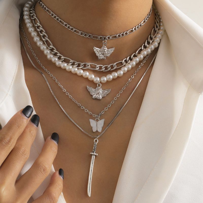 Pearl Angel Sword Charm Chain Perle Halskæde Sæt Charms Smykker Gave Fødselsdagsgaver Til Kvinder Kone Piger Hende