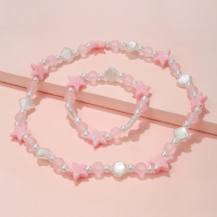 Piger Halskæde Sæt Hvid Shell Pink Star Stretch Beads Armbånd Sæt