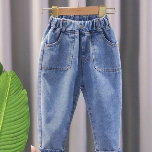 1 Stk Drenge Blå Casual Denim Jeans Med Lomme Til Vinter