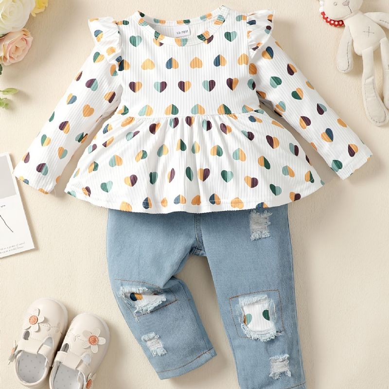 2 Stk Baby Piger Hjerte Print Rund Hals Langærmet Flæse Top & Flået Patchwork Jeans Sæt Børnetøj