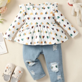 2 Stk Baby Piger Hjerte Print Rund Hals Langærmet Flæse Top & Flået Patchwork Jeans Sæt Børnetøj