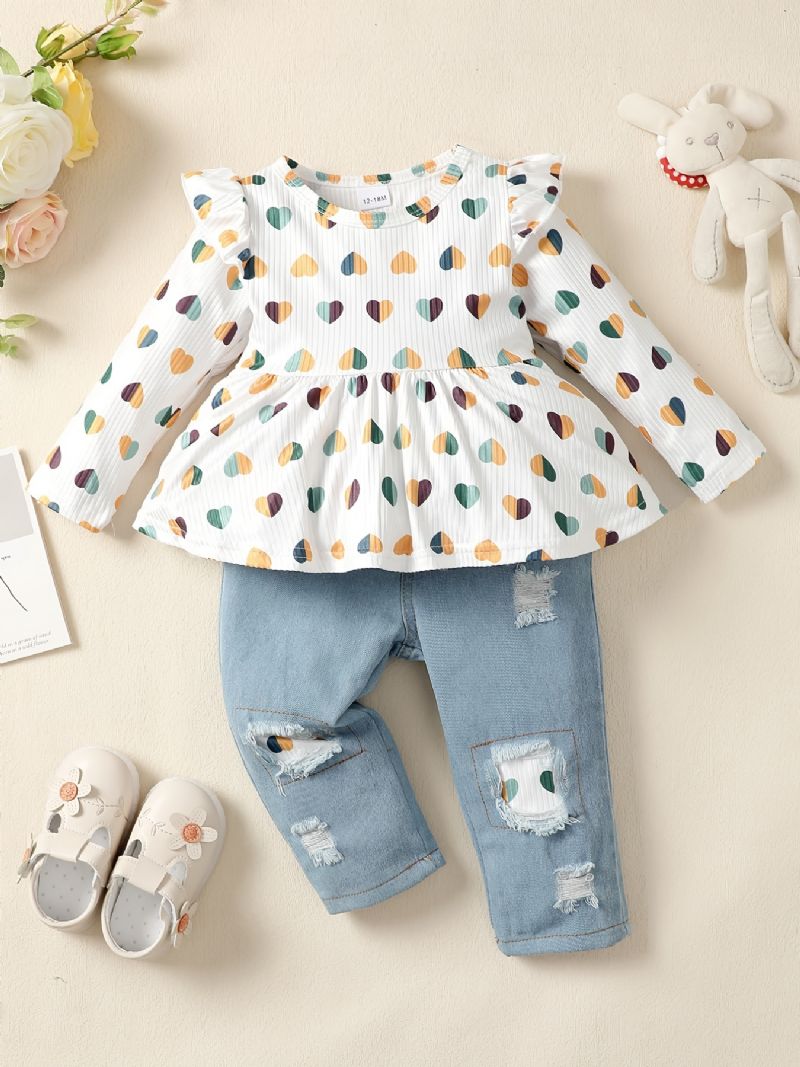 2 Stk Baby Piger Hjerte Print Rund Hals Langærmet Flæse Top & Flået Patchwork Jeans Sæt Børnetøj