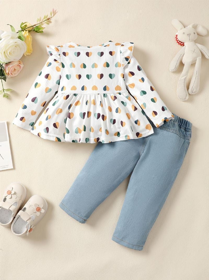 2 Stk Baby Piger Hjerte Print Rund Hals Langærmet Flæse Top & Flået Patchwork Jeans Sæt Børnetøj