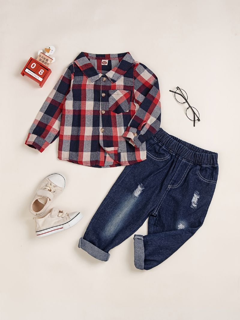 2 Stk Babypiger Rød Plaid Flannelskjorte Med Knap Ned Og Elastisk Talje Rippede Huller Jeanssæt Småbørnstøj