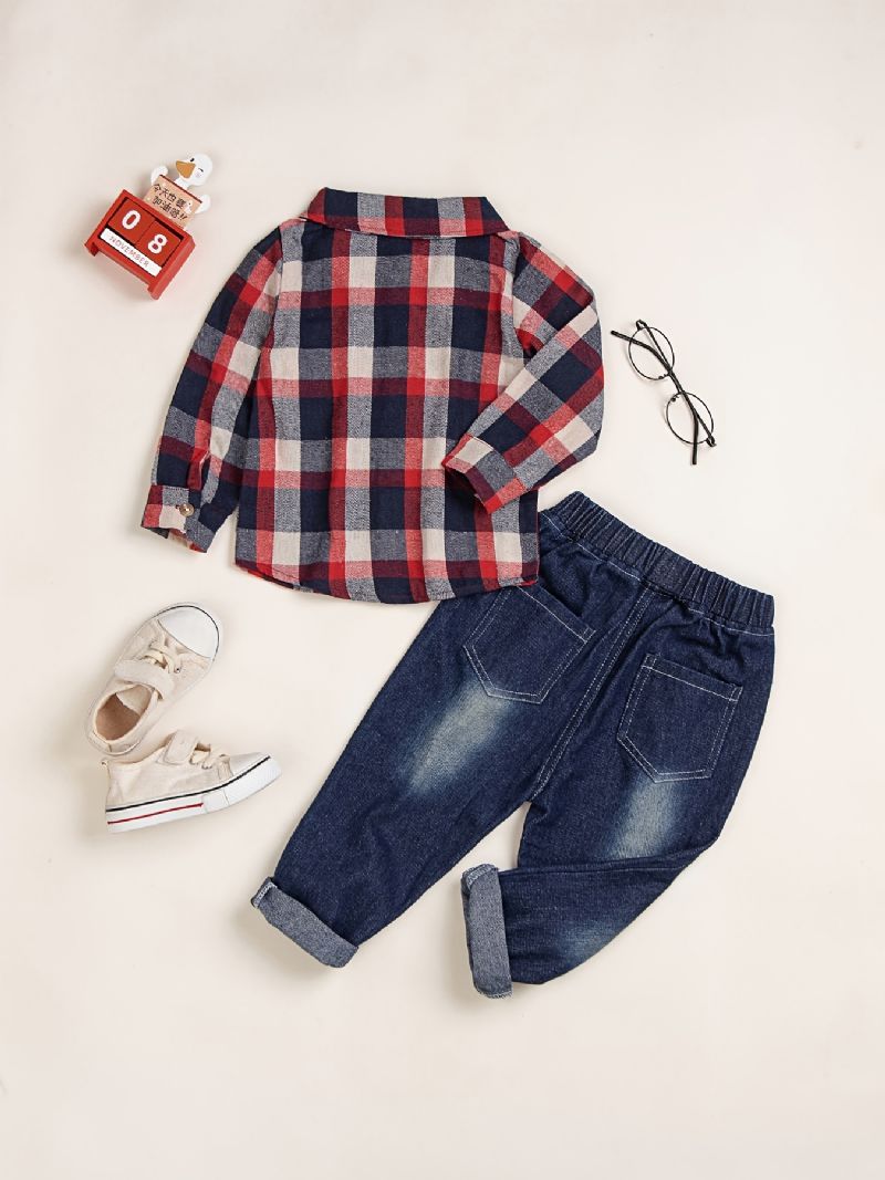 2 Stk Babypiger Rød Plaid Flannelskjorte Med Knap Ned Og Elastisk Talje Rippede Huller Jeanssæt Småbørnstøj