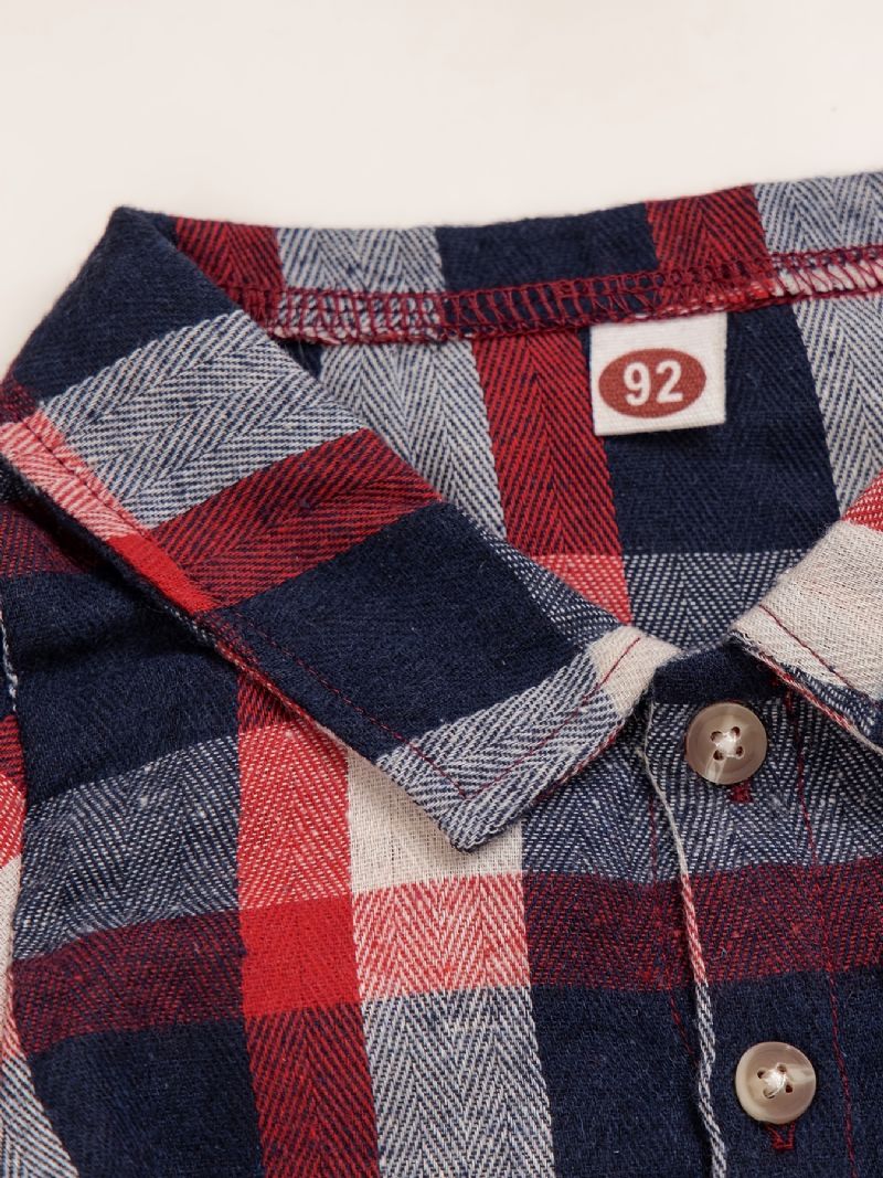 2 Stk Babypiger Rød Plaid Flannelskjorte Med Knap Ned Og Elastisk Talje Rippede Huller Jeanssæt Småbørnstøj