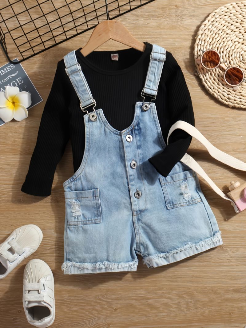 2 Stk. Piger Casual Strikkede Toppe & Suspender Denim Jeans Sæt Til Vinter