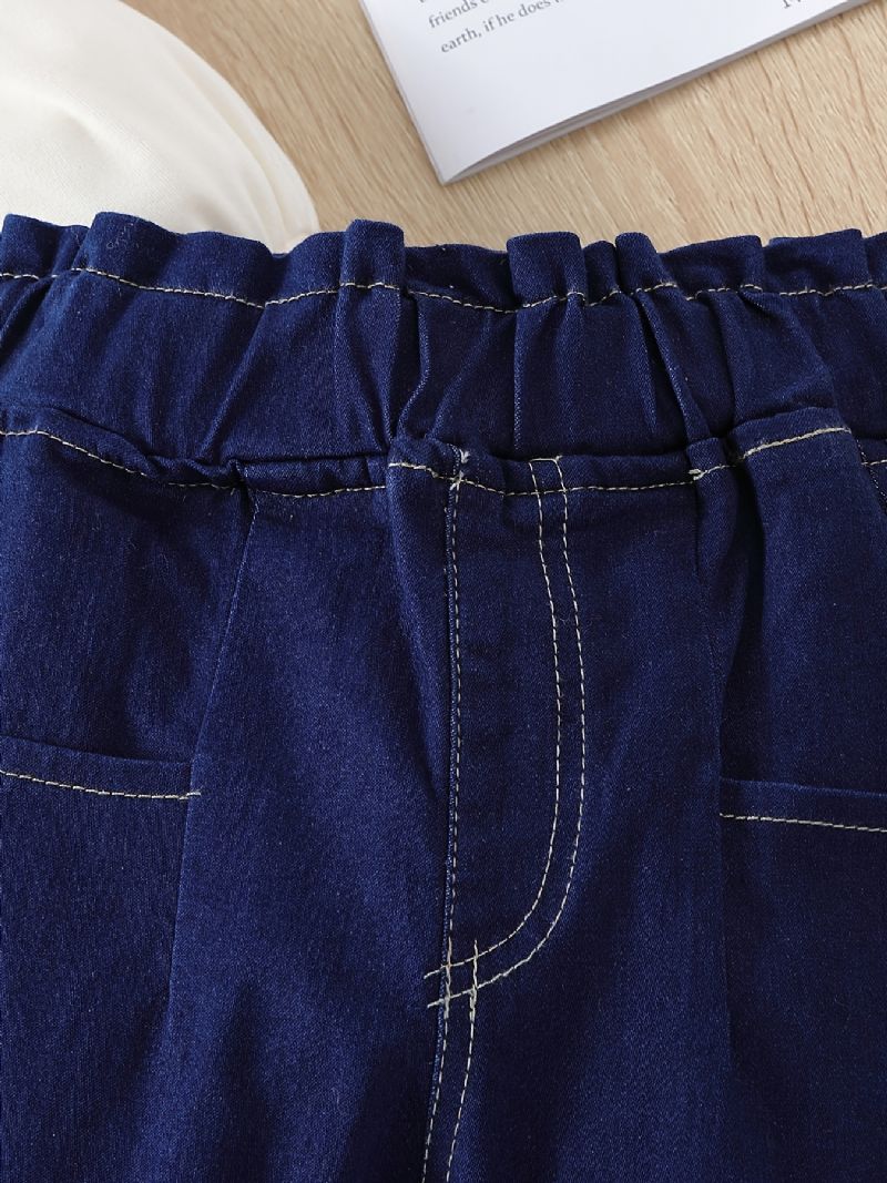 2 Stk Piger Hvid Pufærm Top Elastisk Talje Denim Jeans Bukser Sæt Tøj