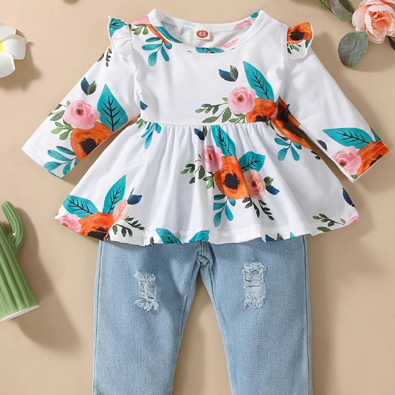 2 Stk. Spædbørn Baby Piger Blomster Print Rund Hals Flue Ærme Top & Rippede Jeans Sæt Børnetøj