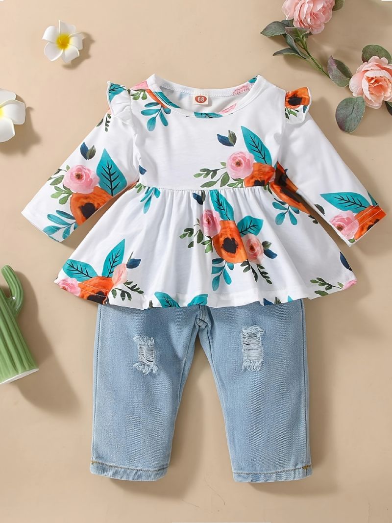 2 Stk. Spædbørn Baby Piger Blomster Print Rund Hals Flue Ærme Top & Rippede Jeans Sæt Børnetøj