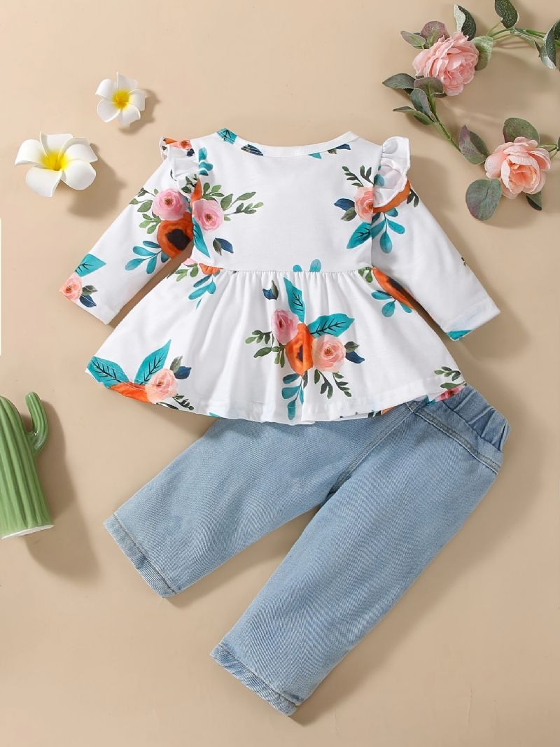 2 Stk. Spædbørn Baby Piger Blomster Print Rund Hals Flue Ærme Top & Rippede Jeans Sæt Børnetøj