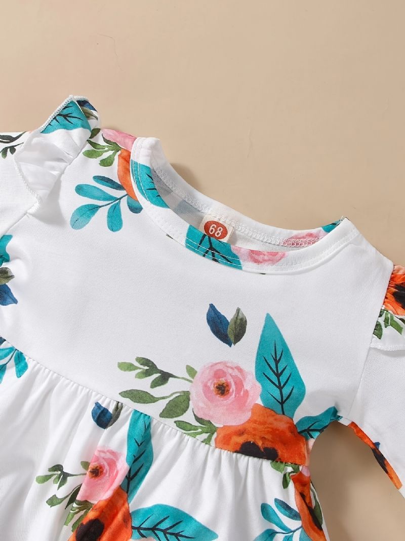 2 Stk. Spædbørn Baby Piger Blomster Print Rund Hals Flue Ærme Top & Rippede Jeans Sæt Børnetøj