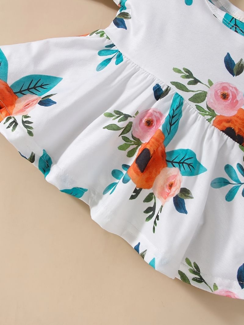 2 Stk. Spædbørn Baby Piger Blomster Print Rund Hals Flue Ærme Top & Rippede Jeans Sæt Børnetøj