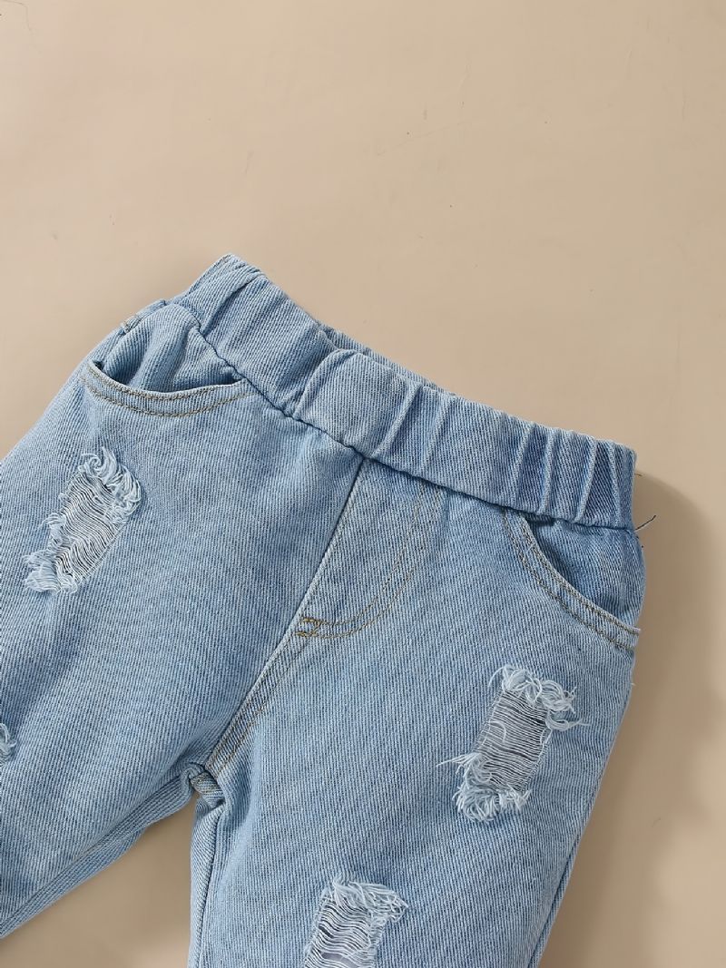 2 Stk. Spædbørn Baby Piger Blomster Print Rund Hals Flue Ærme Top & Rippede Jeans Sæt Børnetøj