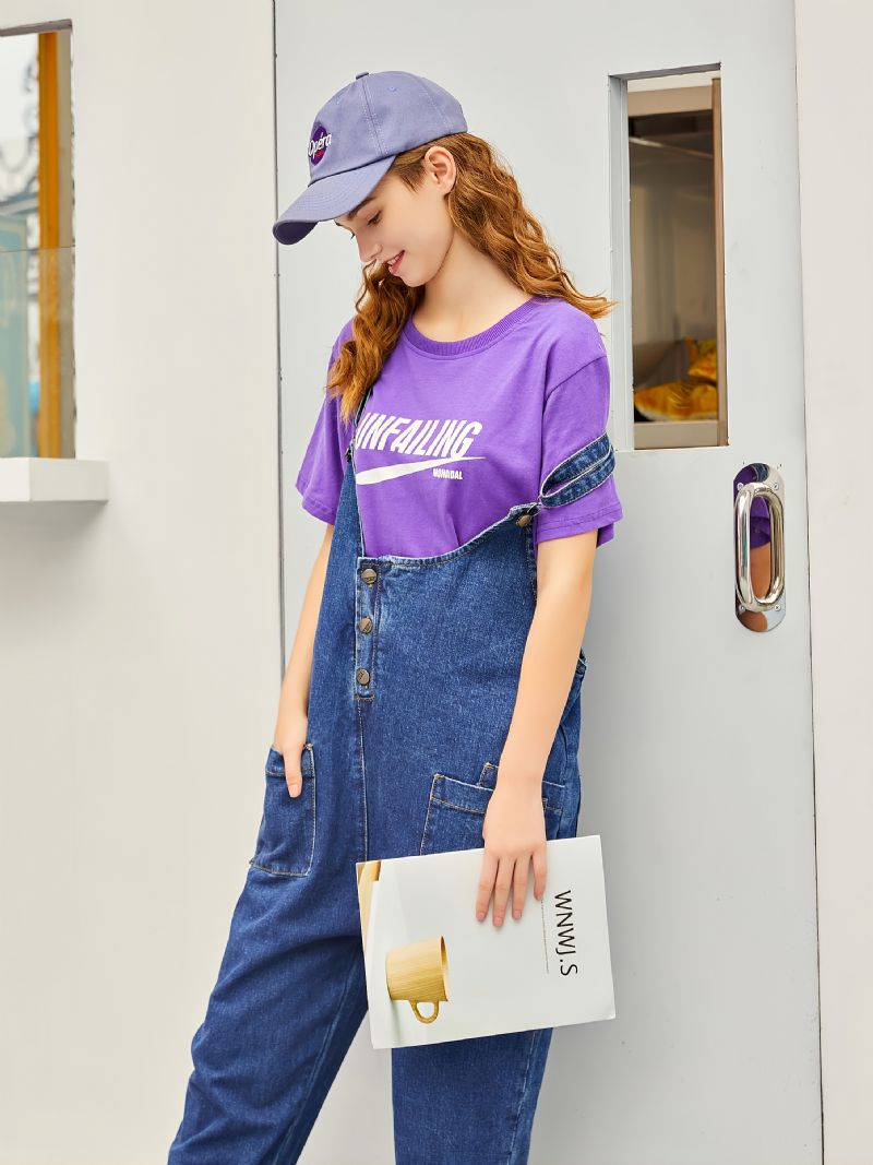 Afslappet Denim-overalls Med Løs Lomme Til Piger Preppy Style Jumpsuit Jeans Knap Fly Mom Fit