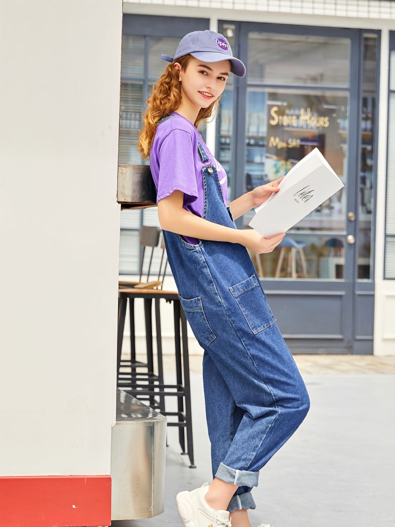 Afslappet Denim-overalls Med Løs Lomme Til Piger Preppy Style Jumpsuit Jeans Knap Fly Mom Fit