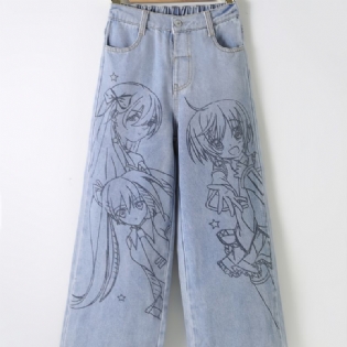 Anime Print Preppy Jeans Med Lige Ben Til Piger