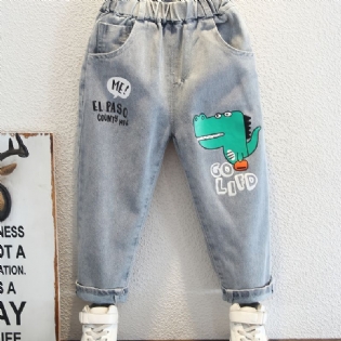 Baby Drenge Jeans Elastisk Talje Dinosaur Print Denimbukser Børnetøj